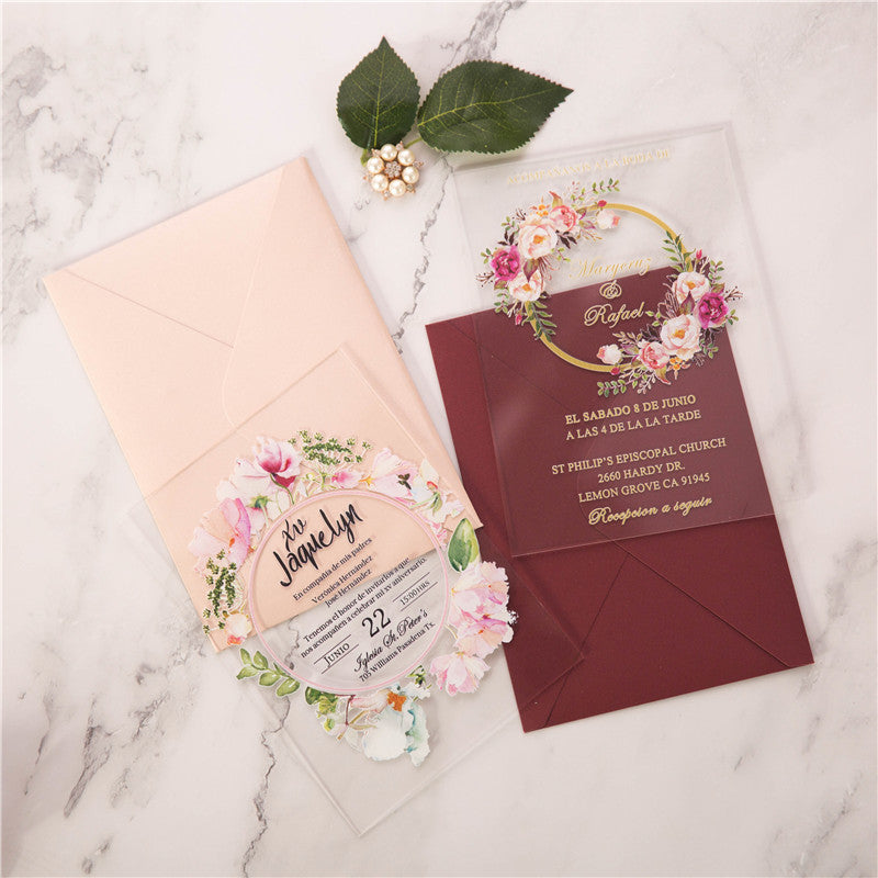 Boho Blush Pink Floral Geometric Acrylic Wedding Invitations