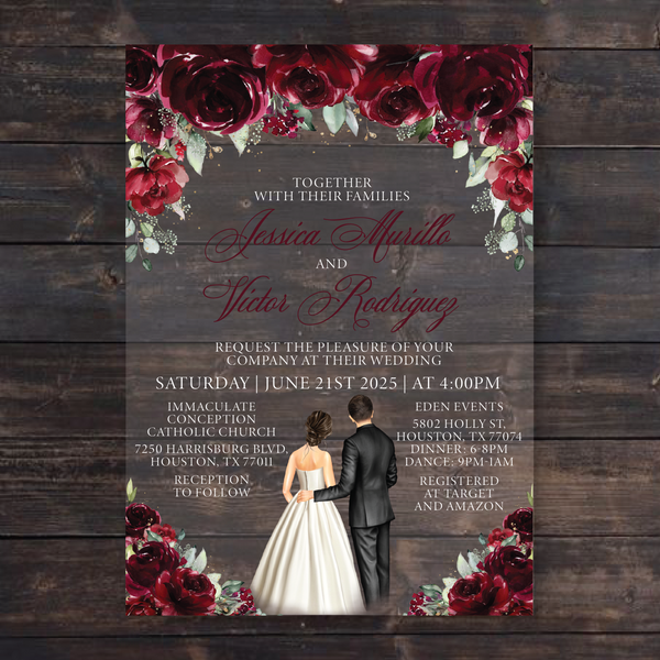 Burgundy Floral Roses Acrylic Wedding Invitation