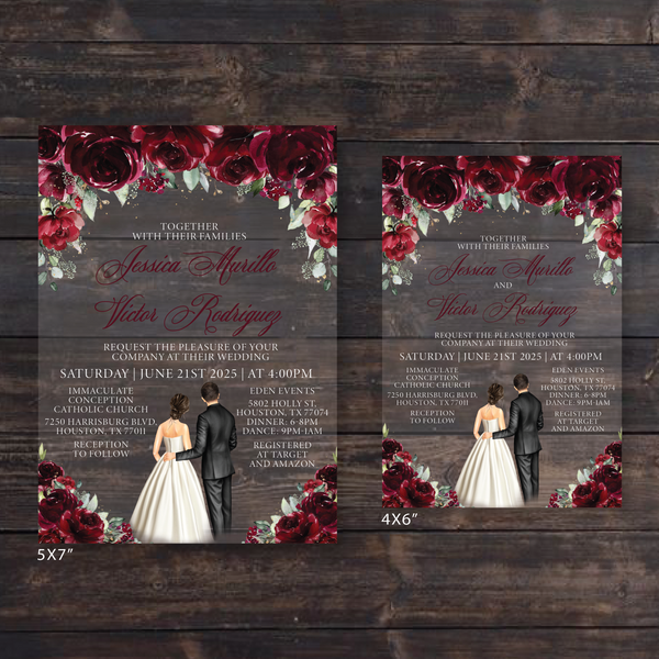 Burgundy Floral Roses Acrylic Wedding Invitation