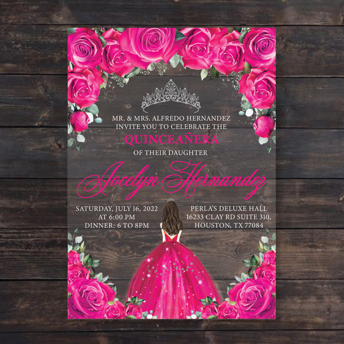 Fuchsia Hot Pink Floral and Silver Quinceanera Dress Acrylic