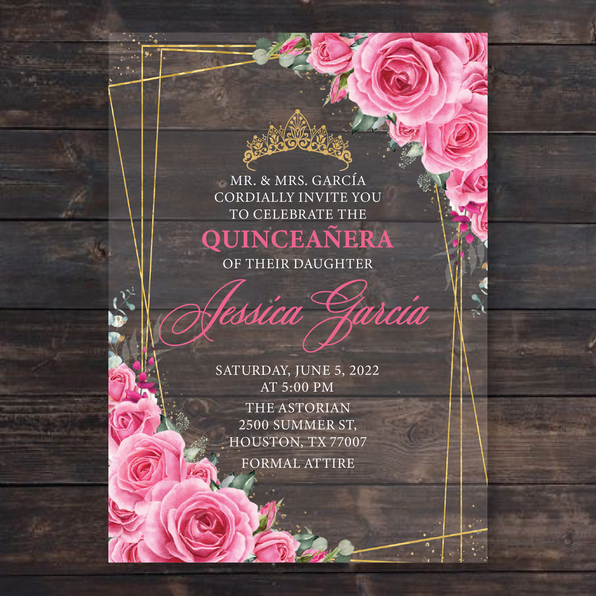 Fuchsia Hot Pink and Gold Floral Acrylic Invitations – Invitations