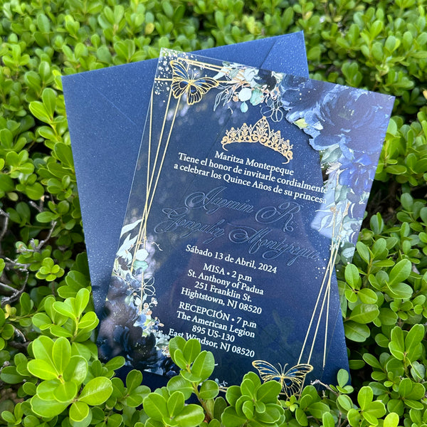Navy Blue Floral Butterflies and Gold Geometric Acrylic Invitation