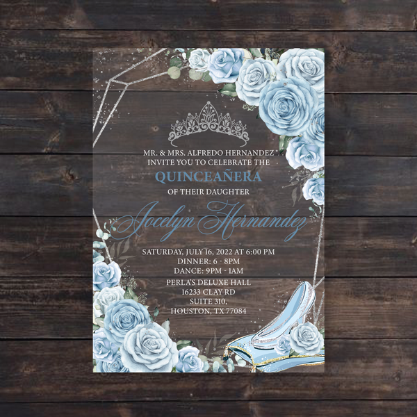 Light Blue Cinderella Slipper Floral Roses Quinceanera Acrylic Invitation