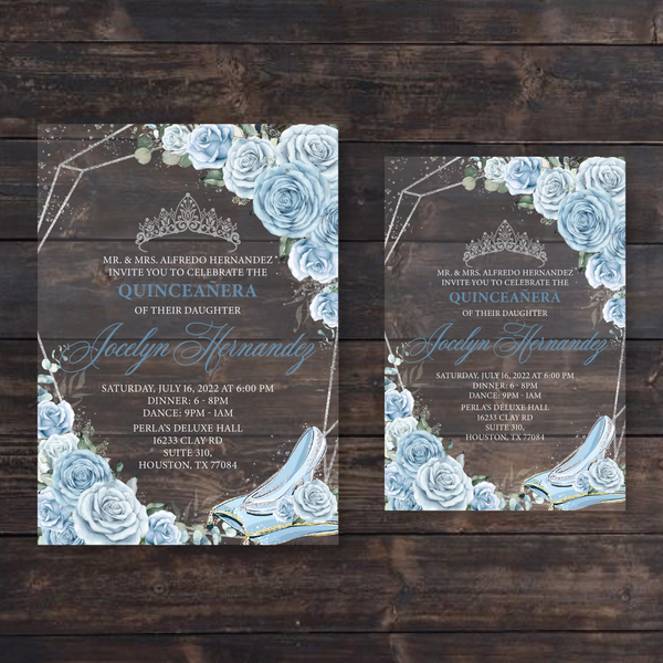 Light Blue Cinderella Slipper Floral Roses Quinceanera Acrylic Invitation