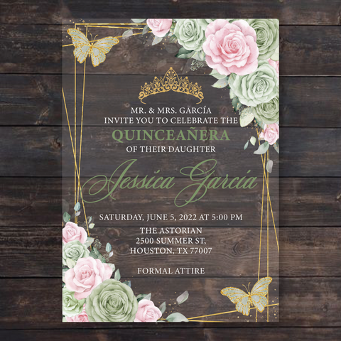 Sage Green and Pink Gold Frame with Butterflies Acrylic Invitations