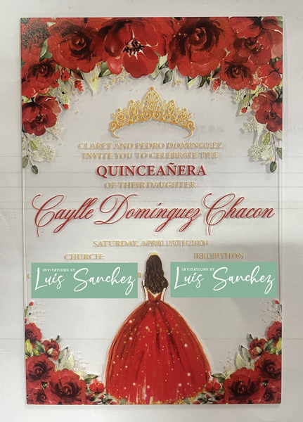 Red and Gold Quinceanera Dress Acrylic Invitation