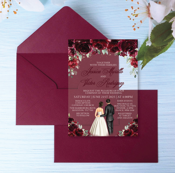 Burgundy Floral Roses Acrylic Wedding Invitation