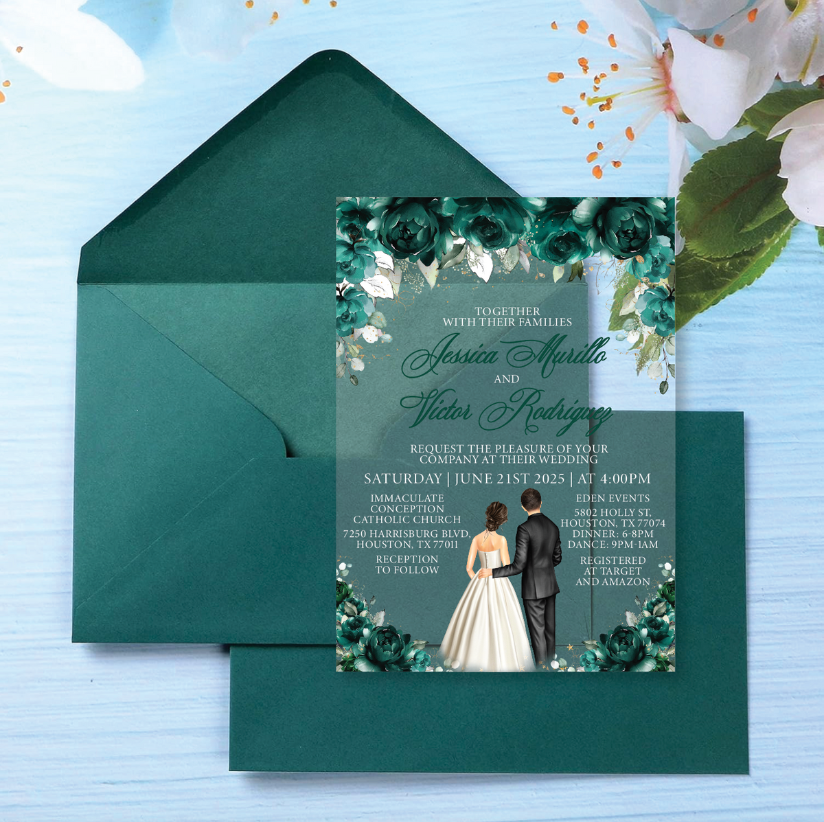 Emerald Green Floral Roses Acrylic Wedding Invitation