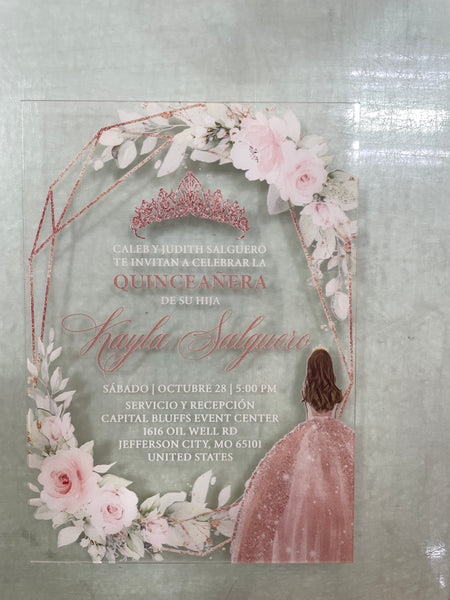 Rose Gold and Pink Floral Acrylic Quinceanera Invitation