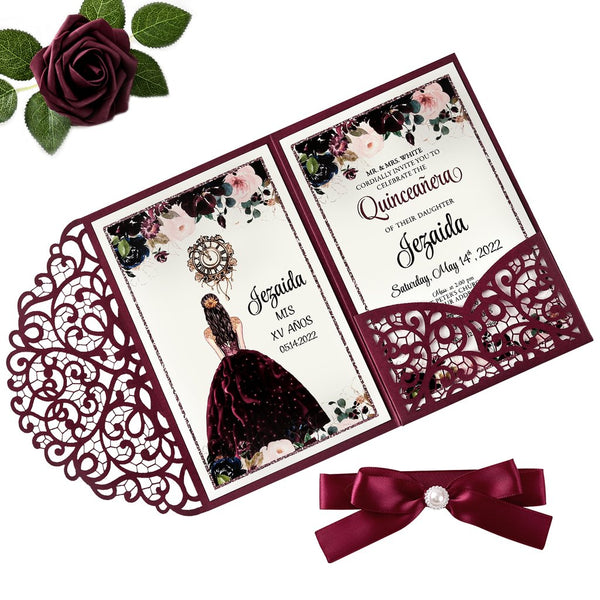 Burgundy with Diamond Brooch Quinceanera Laser Cut Invitations