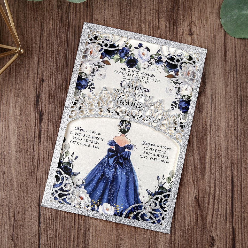 Silver Glitter Crown Pocket Laser Cut Quinceanera Invitations Invitations by Luis Sanchez Silver Glitter Crown Pocket Laser Cut Quinceanera Invitations Invitations by Luis Sanchez