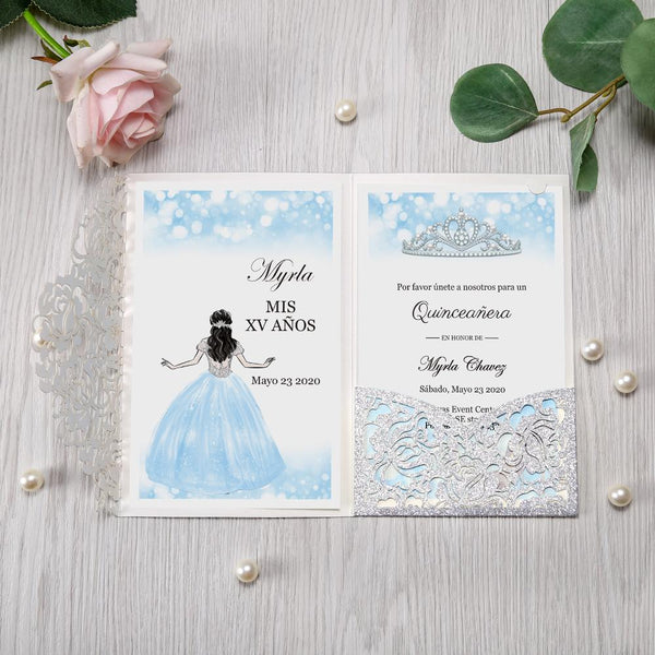 Silver Glitter and Light Blue Cinderella Quinceanera Tri Fold Laser Cut Invitation
