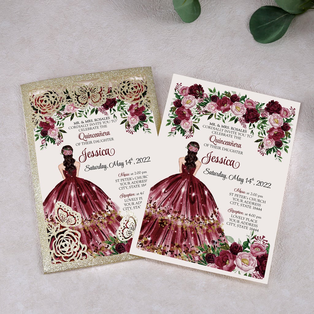 Gold Glitter Butterfly and Burgundy Dress Quinceanera Laser Cut Invita Invitations by Luis Sanchez Gold Glitter Butterfly and Burgundy Dress Quinceanera Laser Cut Invita Invitations by Luis Sanchez