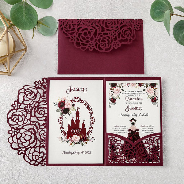 Burgundy Princess Quinceanera Tri Fold Invitation