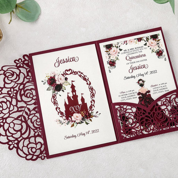Burgundy Princess Quinceanera Tri Fold Invitation