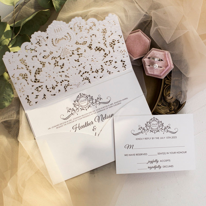 Graceful Pearl Lace White Laser Cut Pocket Invitation Invitations by