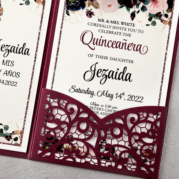 Burgundy with Diamond Brooch Quinceanera Laser Cut Invitations