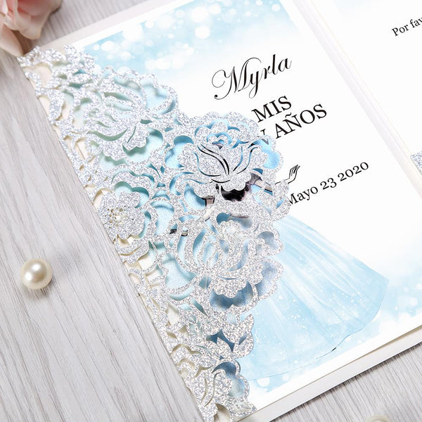Silver Glitter and Light Blue Cinderella Quinceanera Tri Fold Laser Cut Invitation