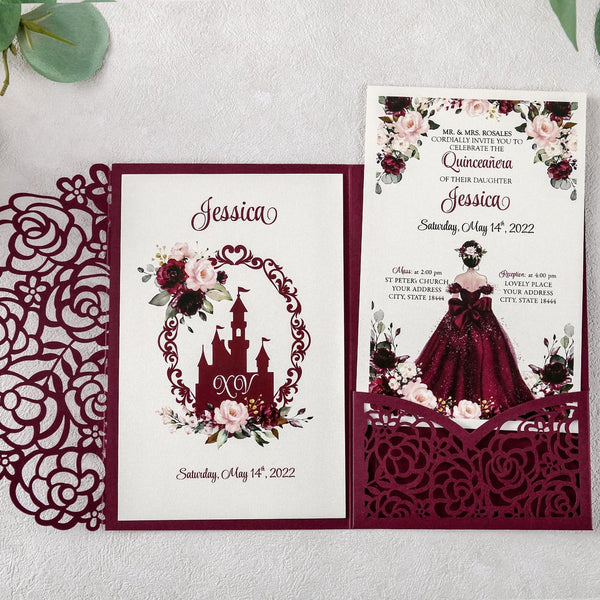 Burgundy Princess Quinceanera Tri Fold Invitation