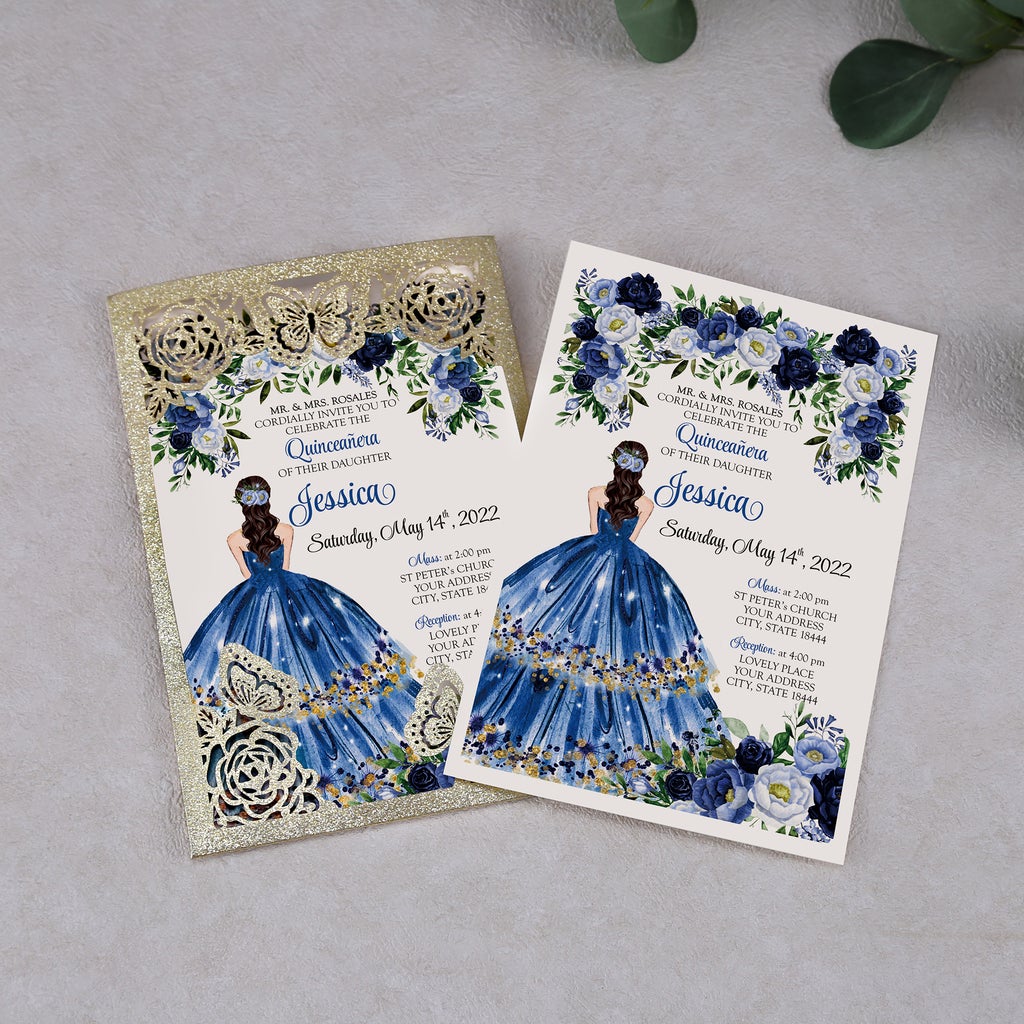 Gold Glitter Butterfly and Blue Dress Quinceanera Laser Cut Invitation Invitations by Luis Sanchez Gold Glitter Butterfly and Blue Dress Quinceanera Laser Cut Invitation Invitations by Luis Sanchez
