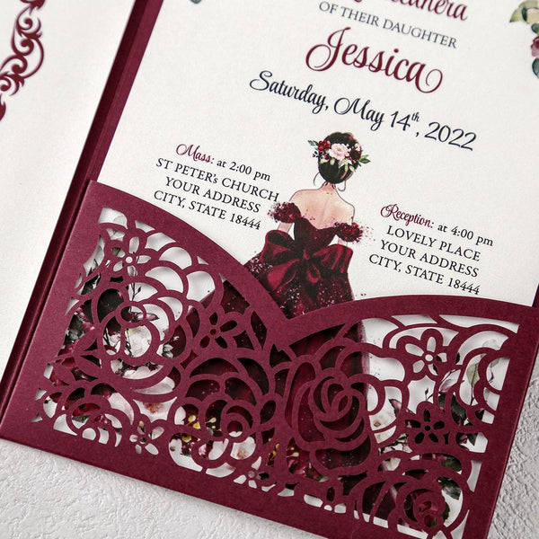 Burgundy Princess Quinceanera Tri Fold Invitation