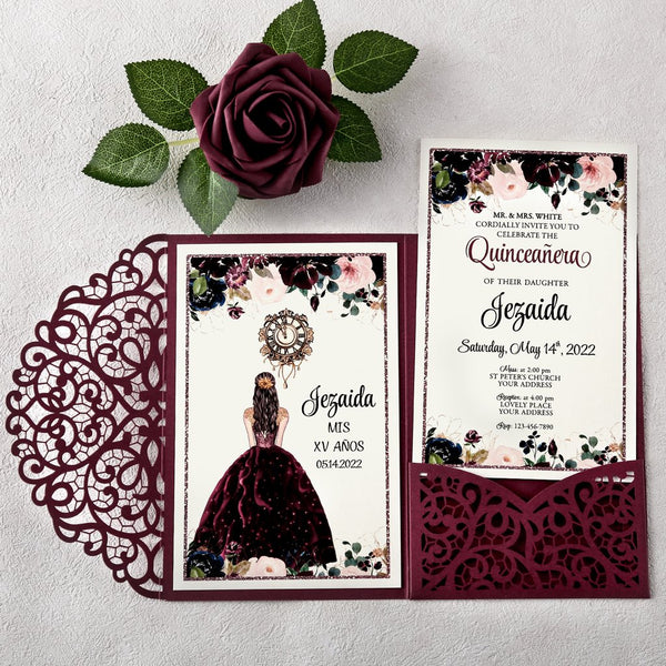 Burgundy with Diamond Brooch Quinceanera Laser Cut Invitations