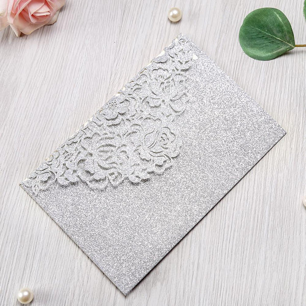 Silver Glitter and Light Blue Cinderella Quinceanera Tri Fold Laser Cut Invitation