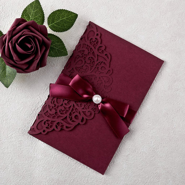 Burgundy with Diamond Brooch Quinceanera Laser Cut Invitations