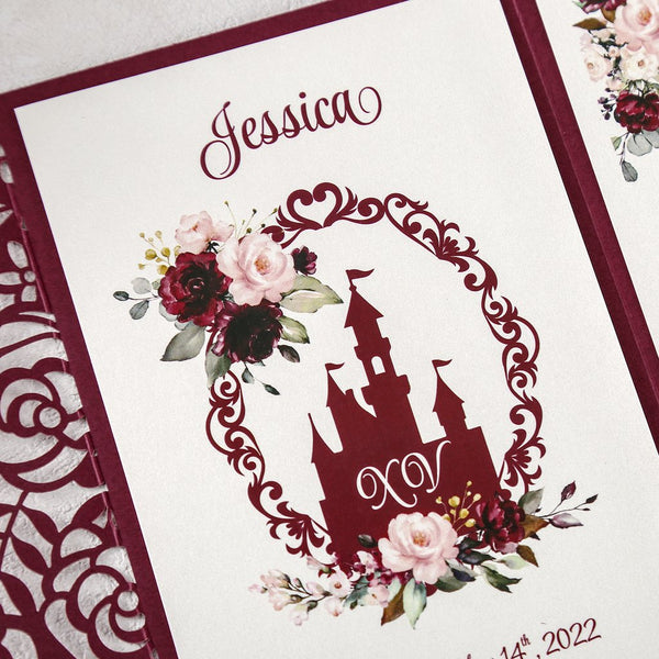 Burgundy Princess Quinceanera Tri Fold Invitation