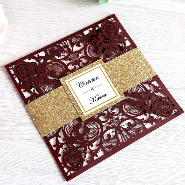Burgundy and Gold Glitter Square Laser Cut Invitations