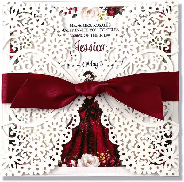 Burgundy Quinceanera Square Ribbon Laser Cut Invitations