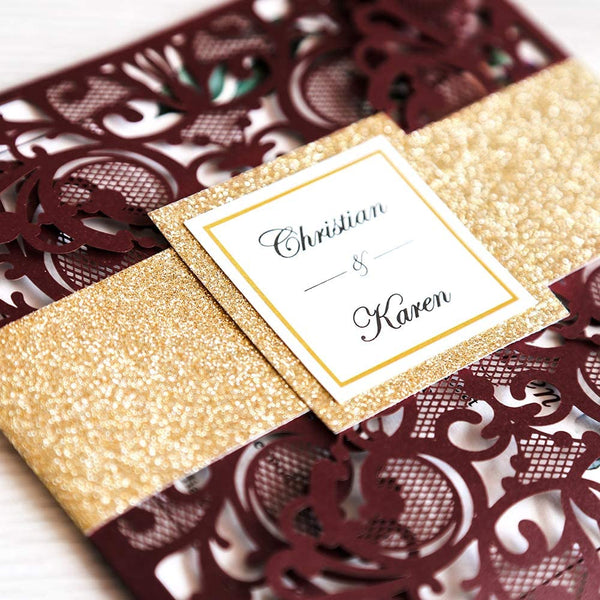 Burgundy and Gold Glitter Square Laser Cut Invitations
