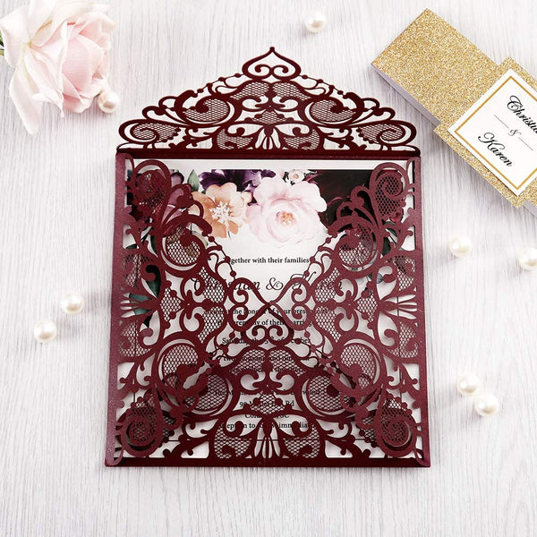 Burgundy and Gold Glitter Square Laser Cut Invitations