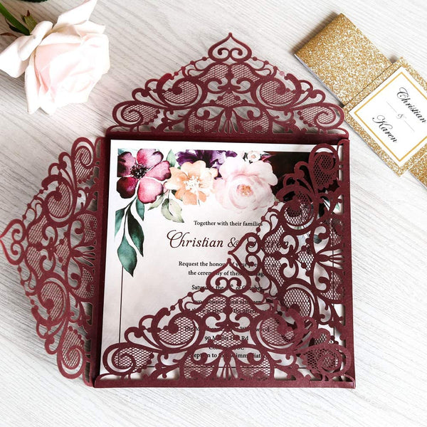Burgundy and Gold Glitter Square Laser Cut Invitations
