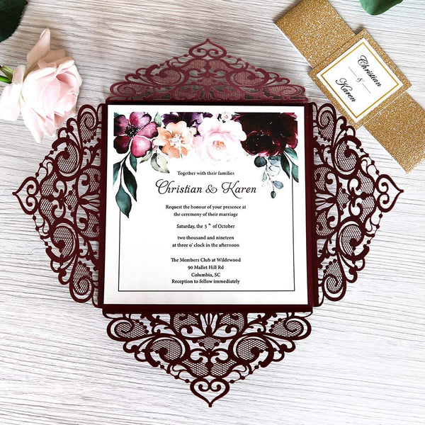 Burgundy and Gold Glitter Square Laser Cut Invitations