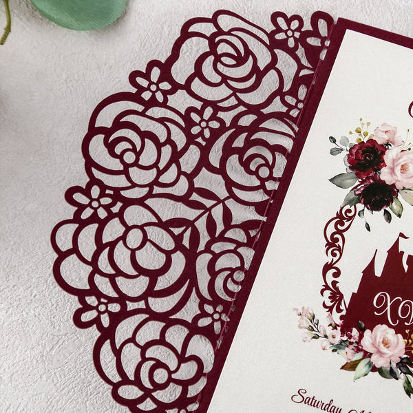 Burgundy Princess Quinceanera Tri Fold Invitation