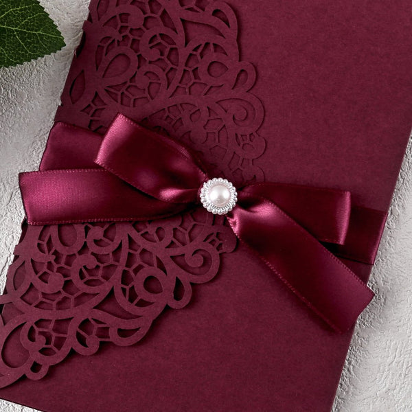Burgundy with Diamond Brooch Quinceanera Laser Cut Invitations