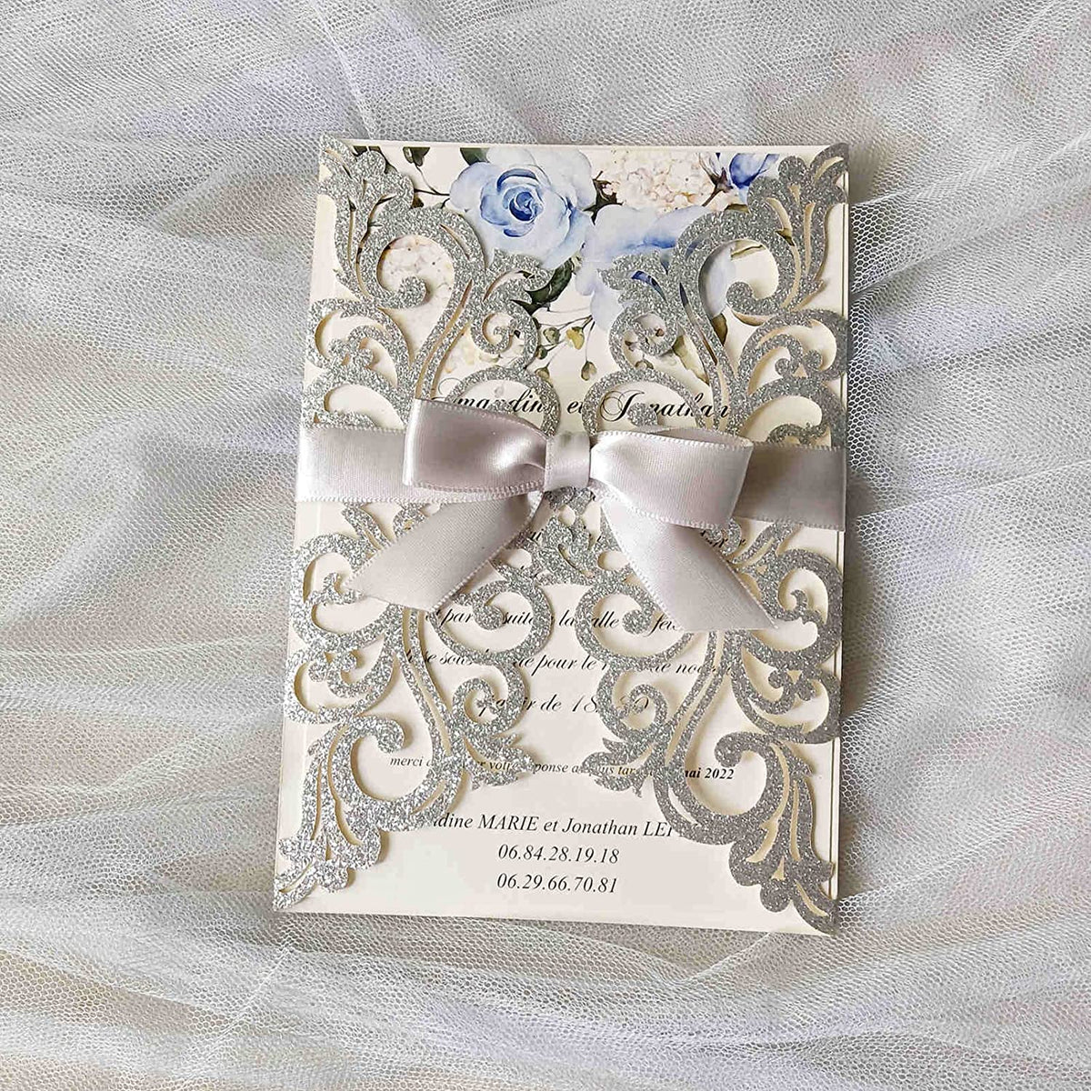 Silver Glitter Elegant Ribbon Laser Cut Invitation – Invitations by