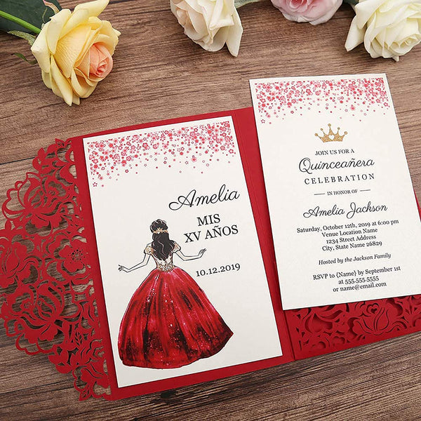 Red Tri-fold Quinceanera Invitations