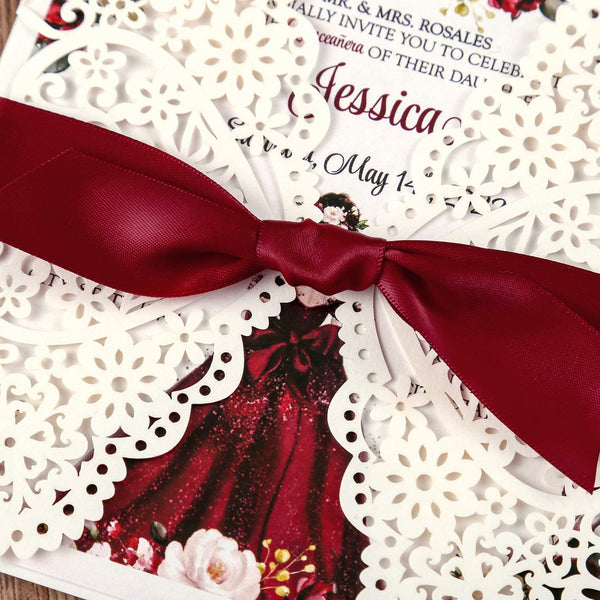 Burgundy Quinceanera Square Ribbon Laser Cut Invitations
