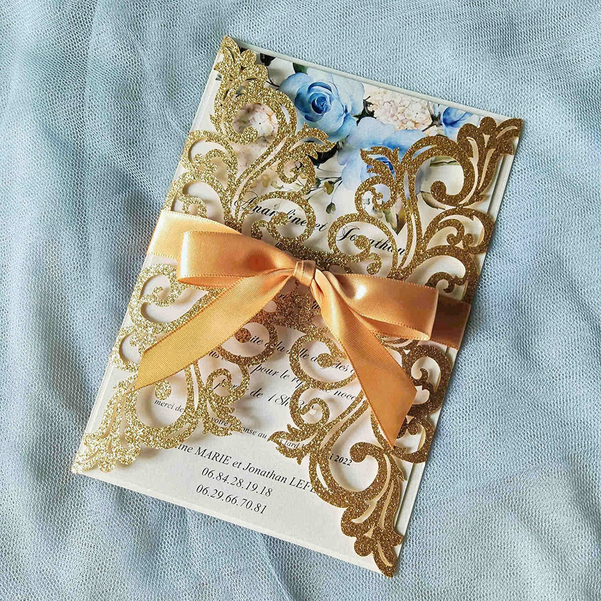 Gold Glitter Elegant Ribbon Laser Cut Invitations Invitations by Luis