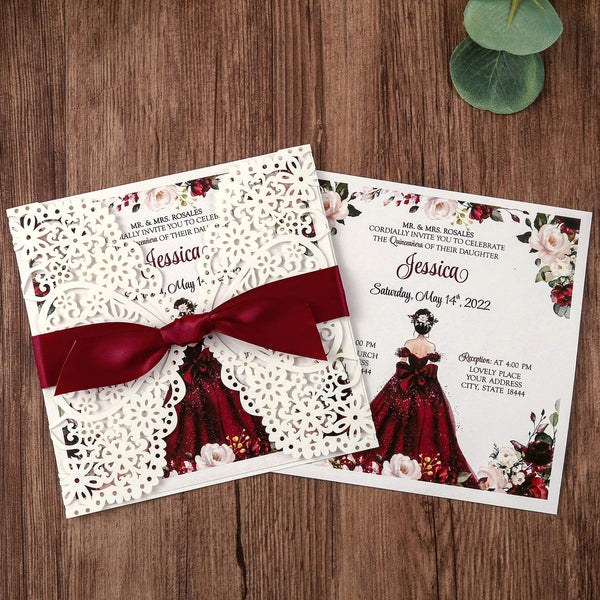 Burgundy Quinceanera Square Ribbon Laser Cut Invitations