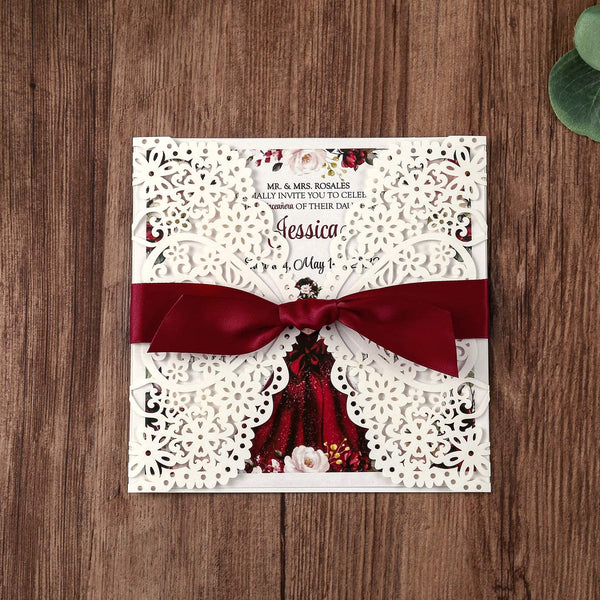 Burgundy Quinceanera Square Ribbon Laser Cut Invitations
