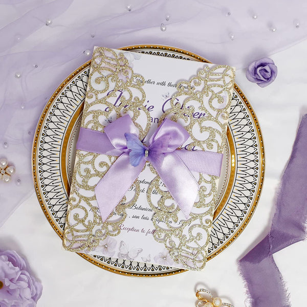 Gold Glitter and Light Purple Butterfly Ribbon Laser Cut Invitations