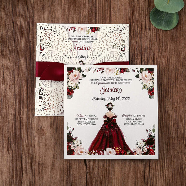 Burgundy Quinceanera Square Ribbon Laser Cut Invitations