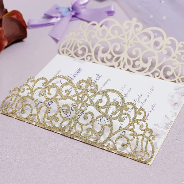 Gold Glitter and Light Purple Butterfly Ribbon Laser Cut Invitations
