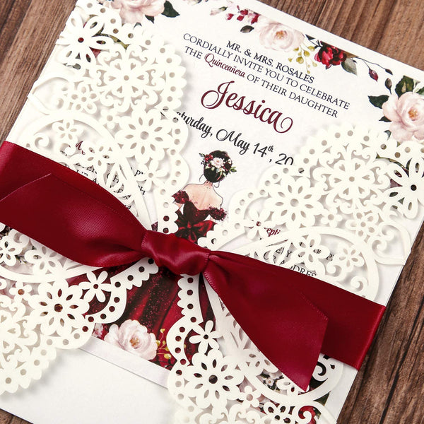 Burgundy Quinceanera Square Ribbon Laser Cut Invitations