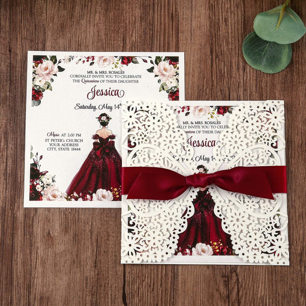 Burgundy Quinceanera Square Ribbon Laser Cut Invitations