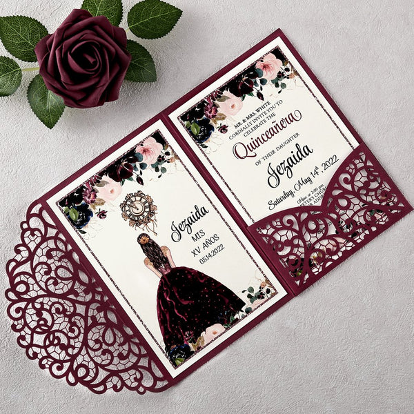 Burgundy with Diamond Brooch Quinceanera Laser Cut Invitations
