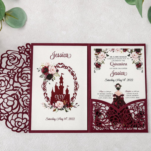 Burgundy Princess Quinceanera Tri Fold Invitation